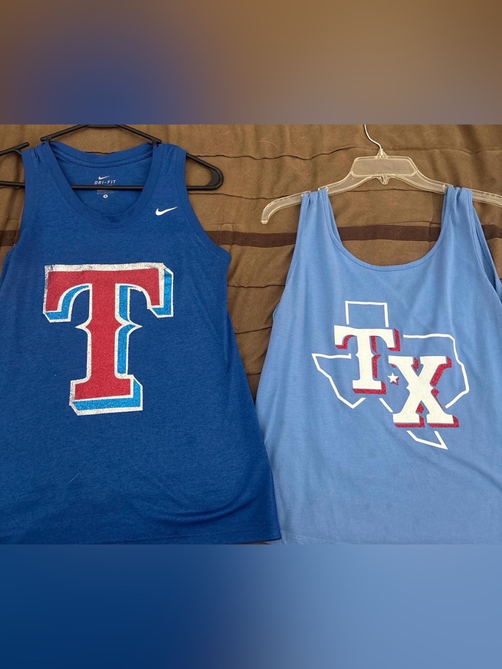 Nike Womens Blue Graphic Tank Tops with Red & White Texas Rangers Logo